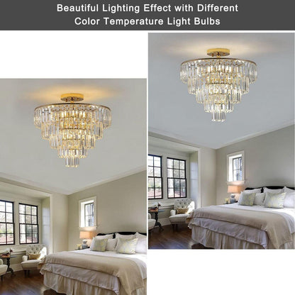 Gold Crystal Chandeliers,5-Tier Round Semi Flush Mount Chandelier Light Fixture,Large Contemporary Luxury Ceiling