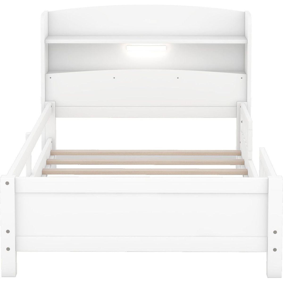 Wood Twin Size Platform Bed with Built-in LED Light, Storage Headboard and Guardrail, White