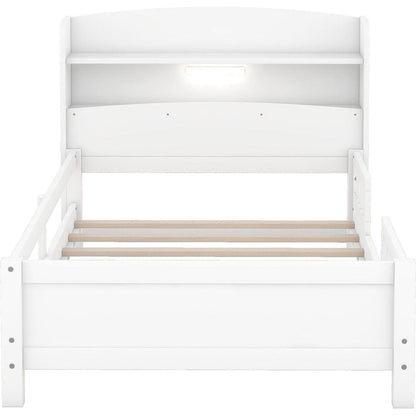 Wood Twin Size Platform Bed with Built-in LED Light, Storage Headboard and Guardrail, White