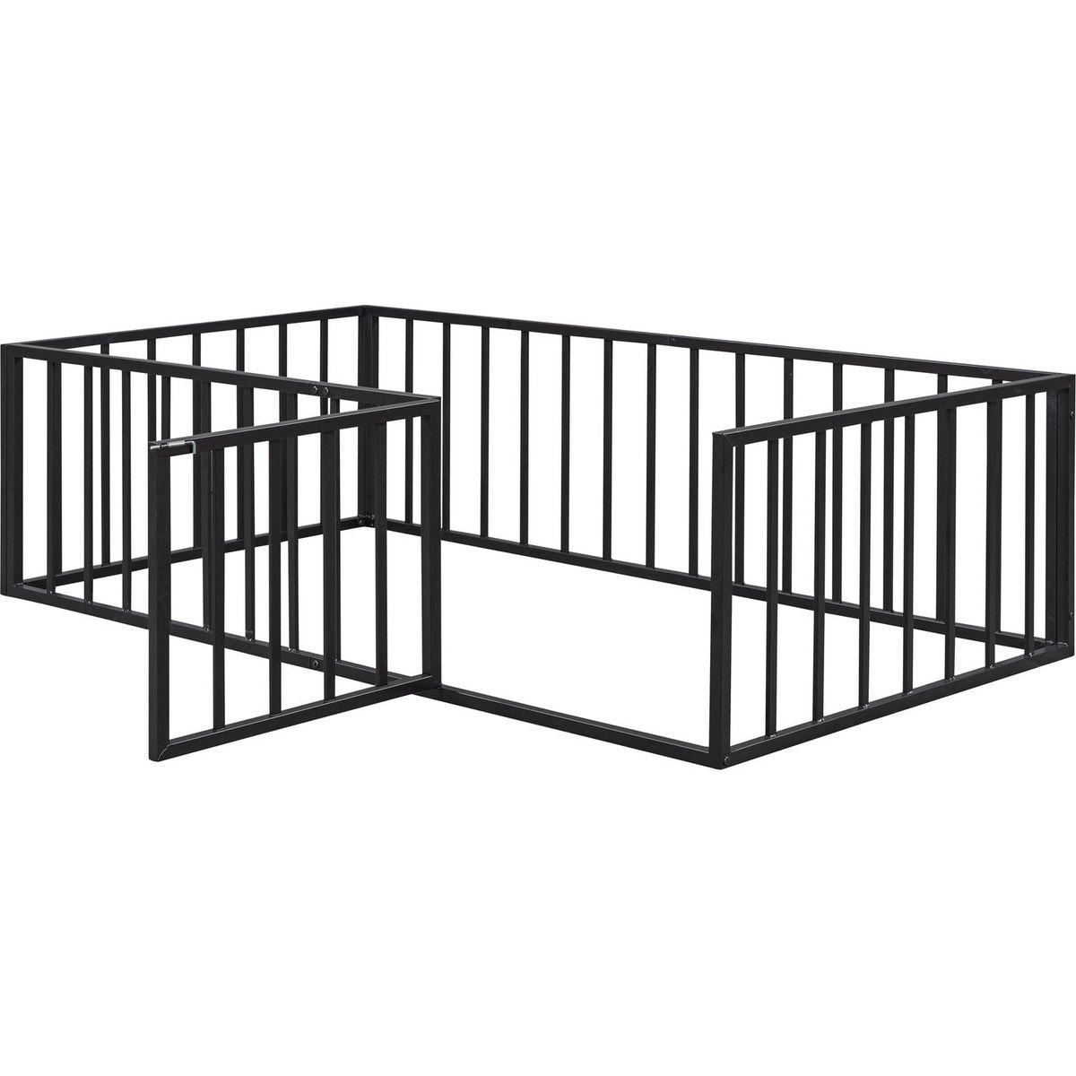 Twin Size Metal Floor Bed Frame with Fence and Door, Black