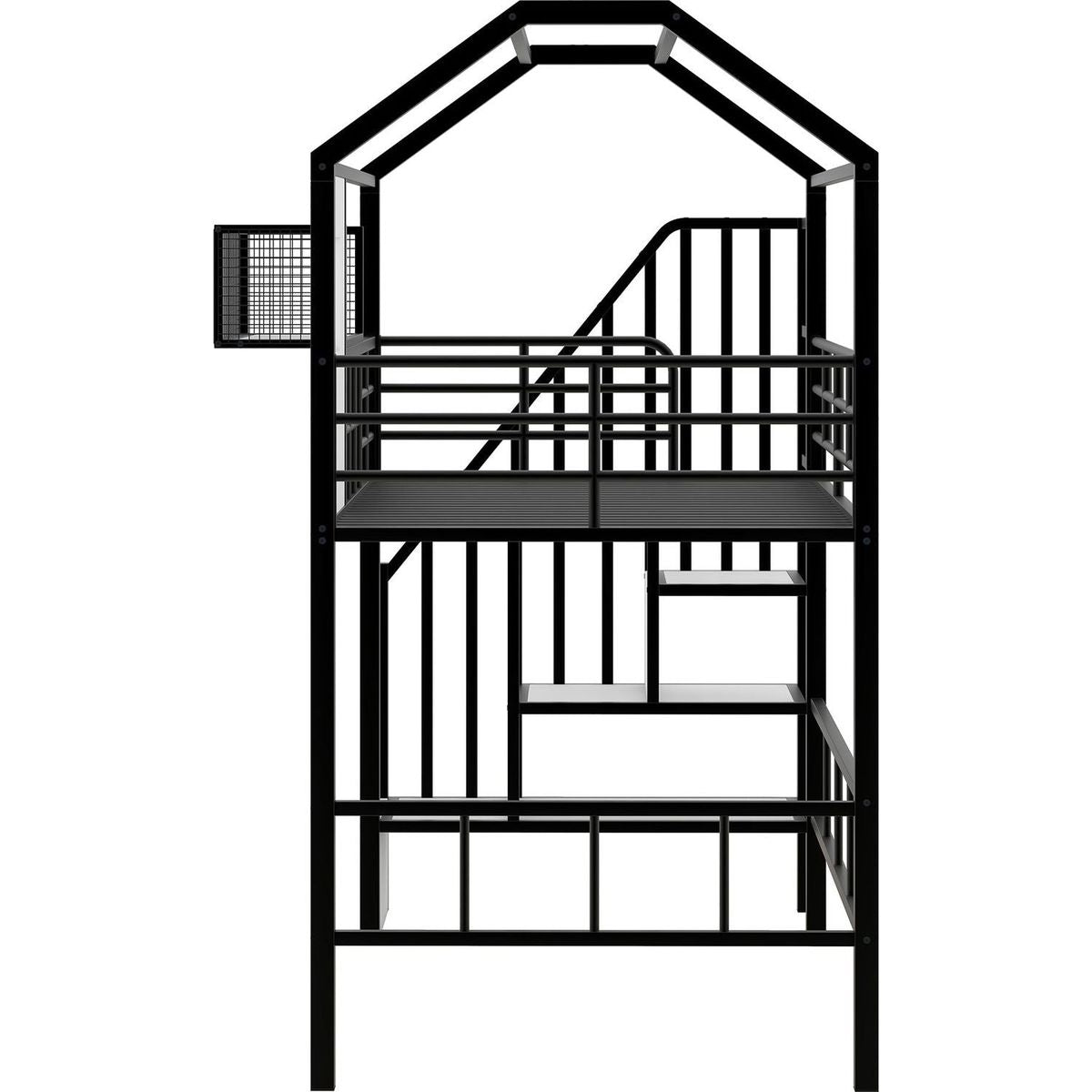 Metal Loft Bed with roof design and a storage box, Twin, Black