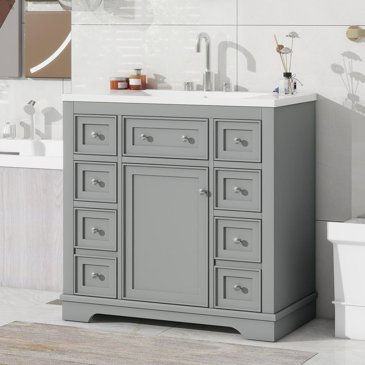 36" Bathroom Vanity with Sink Combo, One Cabinet and Six Drawers, Solid Wood and MDF Board, Grey