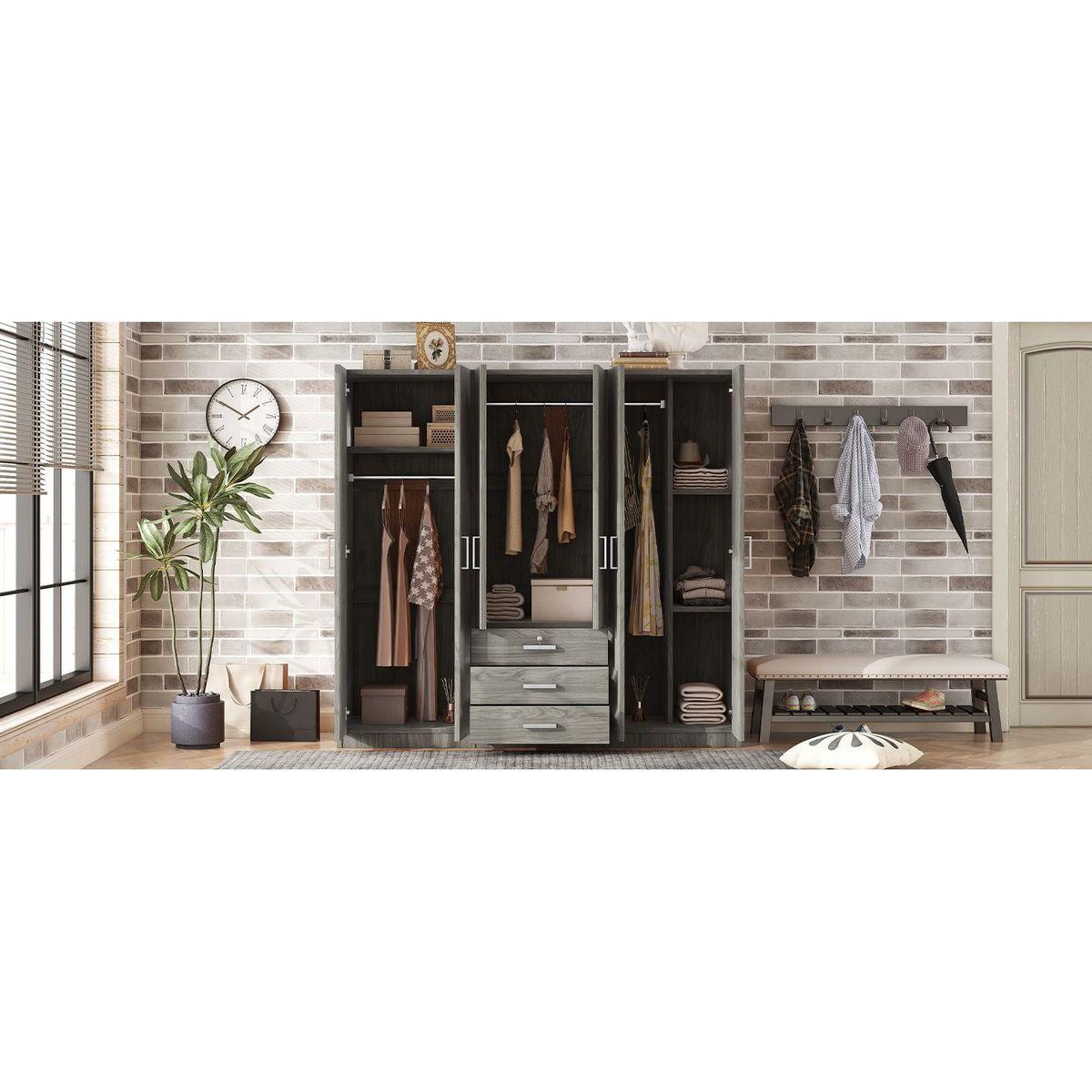 6-Doors Wooden Wardrobe Storage for Bedroom, with Big Drawers, Gray