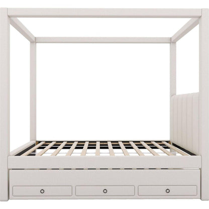 Twin Size Upholstery Canopy Platform Bed with Trundle and Three Storage Drawers, Beige