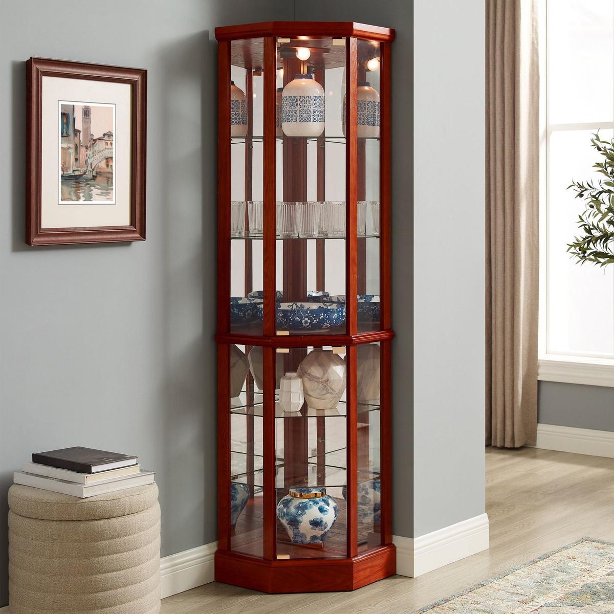 6 Shelf Lighted Corner Curio Cabinet with Adjustable Tempered Glass Shelves and Mirror Back, Cherry