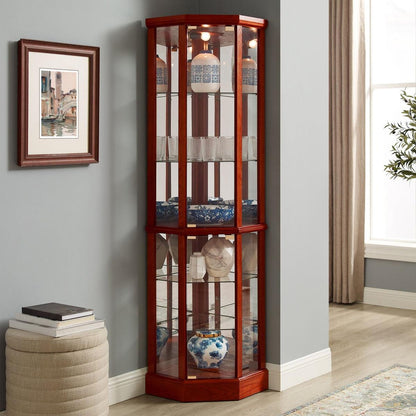6 Shelf Lighted Corner Curio Cabinet with Adjustable Tempered Glass Shelves and Mirror Back, Cherry