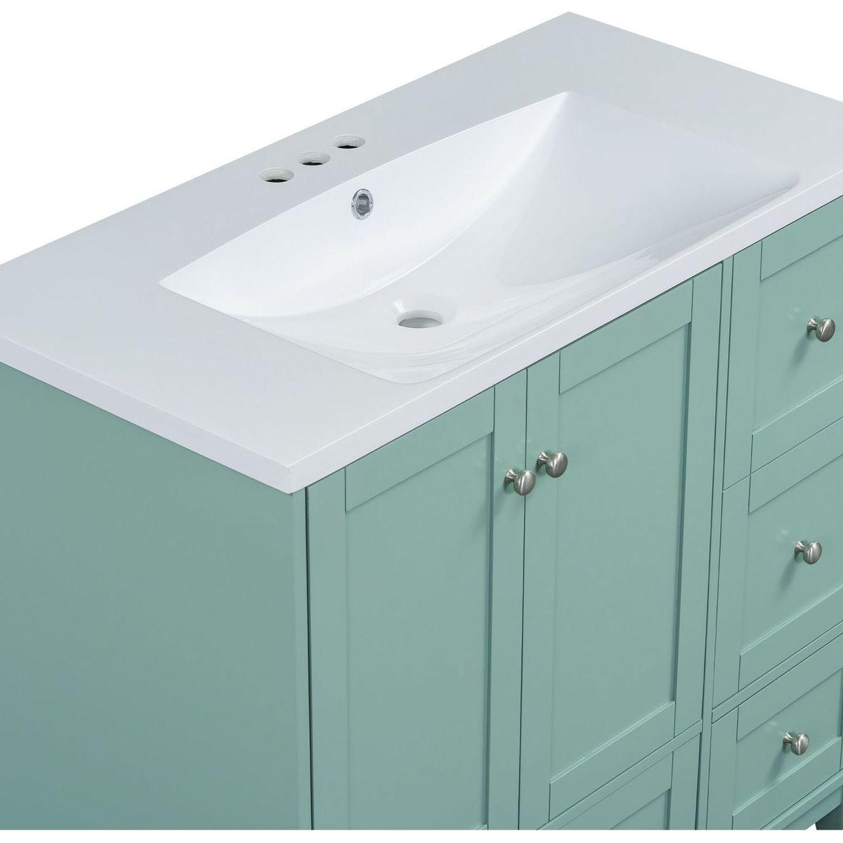 36 Inch Modern Bathroom Vanity with USB Charging, Two Doors and Three Drawers Bathroom Storage Vanity Cabinet, Small Bathroom Vanity cabinet with single sink, Green - Faucets Not Included