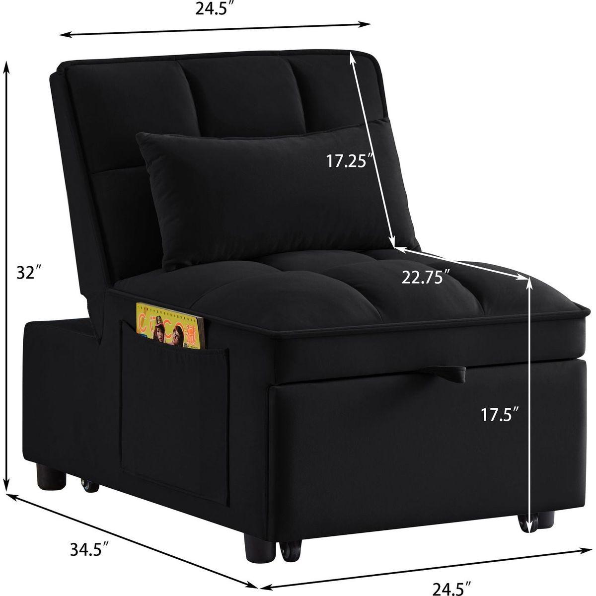 4 in1 Multi-Function Single Sofa Bed with Storage Pockets,Tufted Single Pull-out Sofa Bed with Adjustable Backrest and Pillows, Convertible Chaise Lounge,Black