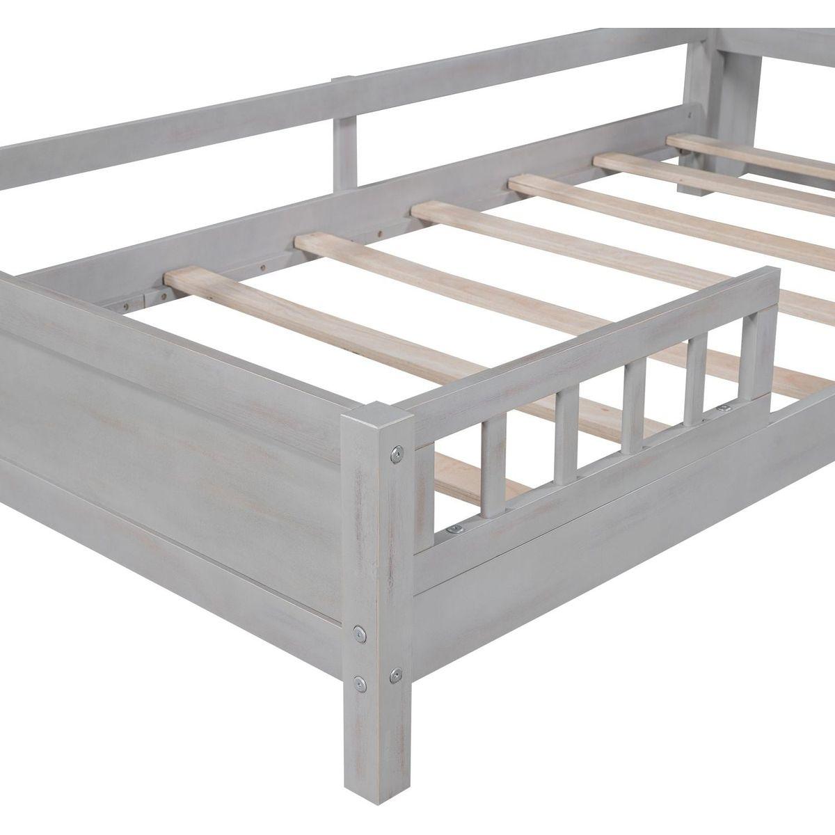 Wood Twin Size Platform Bed with Built-in LED Light, Storage Headboard and Guardrail, Antique Grey