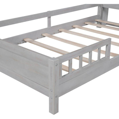 Wood Twin Size Platform Bed with Built-in LED Light, Storage Headboard and Guardrail, Antique Grey