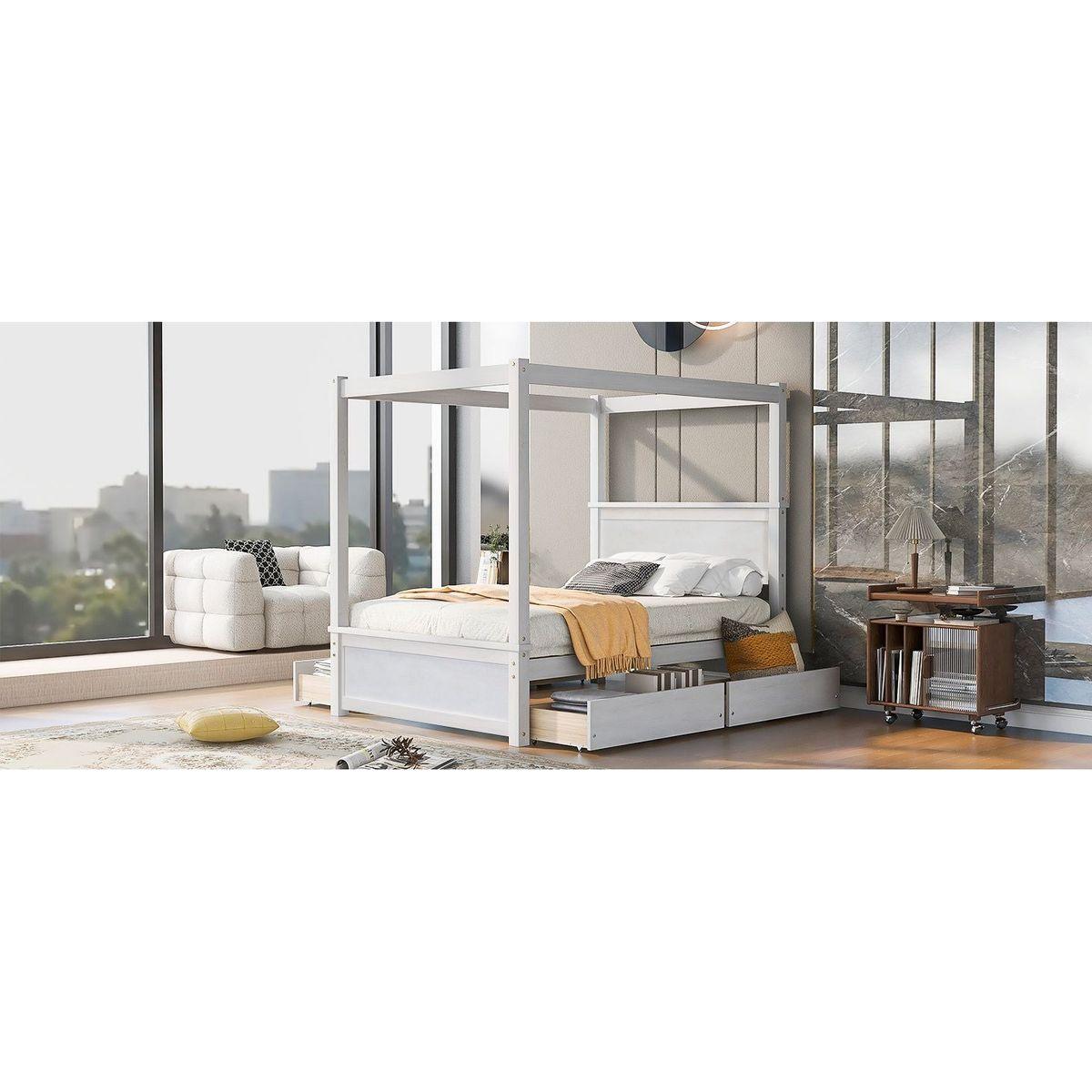 Wood Canopy Bed with four Drawers, Full Size Canopy Platform Bed With Support Slats .No Box Spring Needed, Brushed White