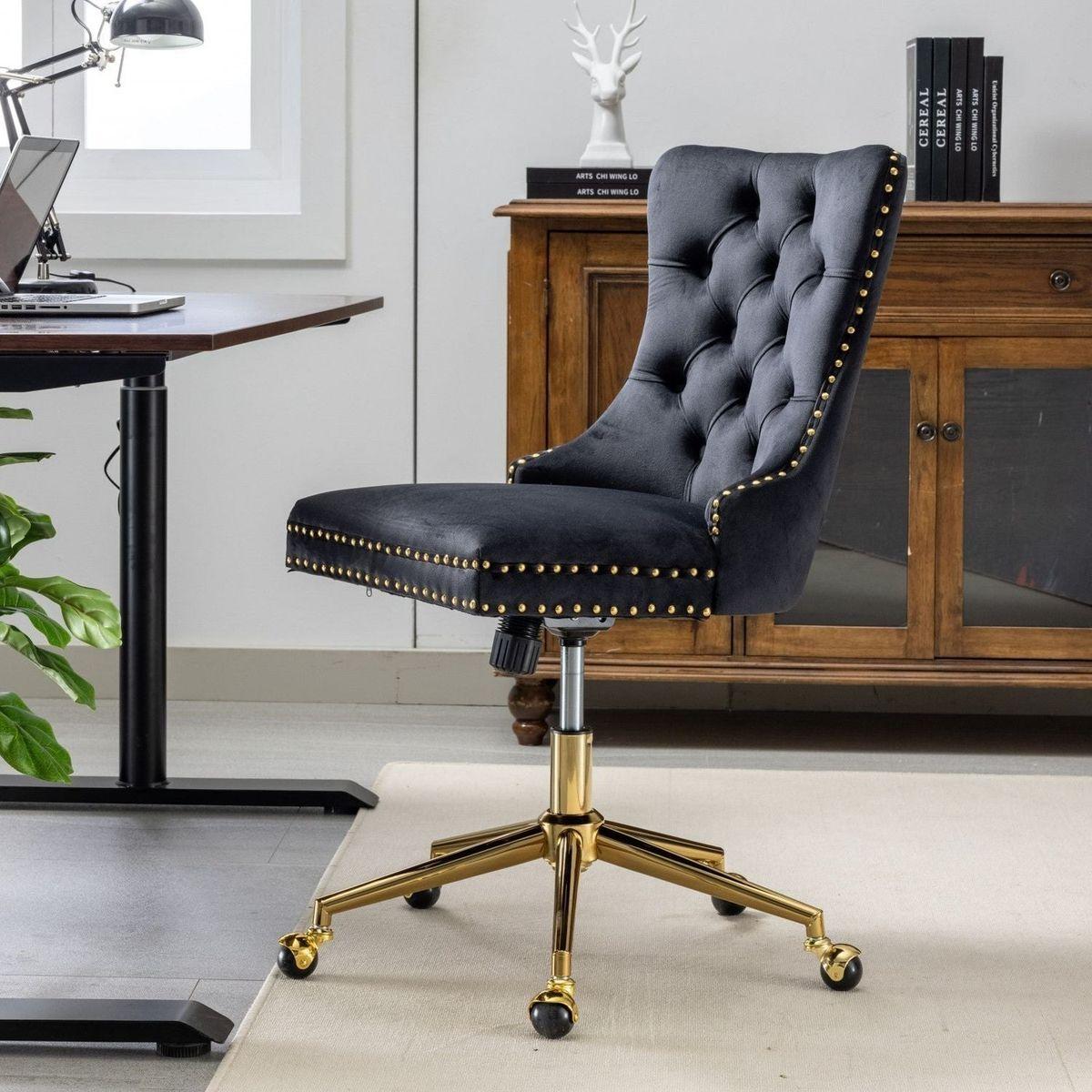 Office Chair,Velvet Upholstered Tufted Button Home Office Chair with Golden Metal Base,Adjustable Desk Chair Swivel Office Chair (Black)