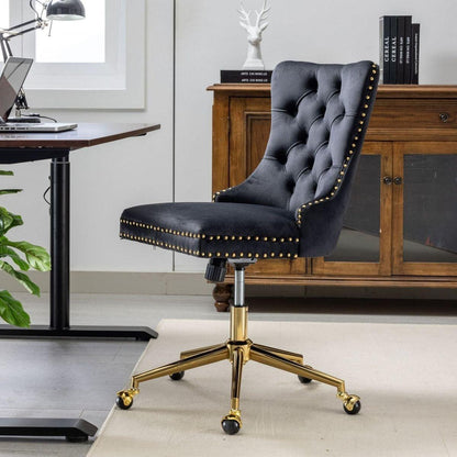 Office Chair,Velvet Upholstered Tufted Button Home Office Chair with Golden Metal Base,Adjustable Desk Chair Swivel Office Chair (Black)