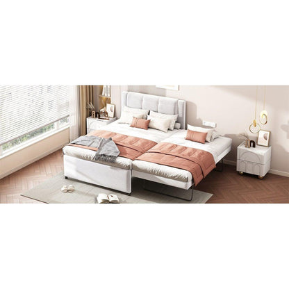 Full Size Upholstery platform bed with Trundle,Trundle can be flat or erected, Beige