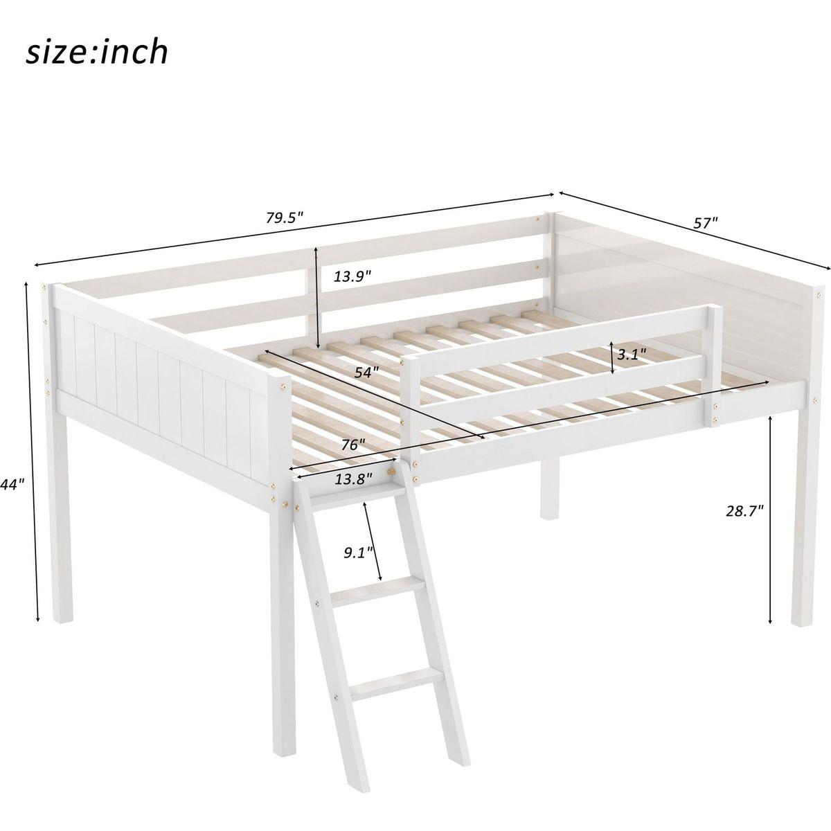 Full Size Wood Low Loft Bed with Ladder, ladder can be placed on the left or right, White(O
