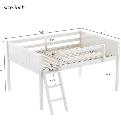 Full Size Wood Low Loft Bed with Ladder, ladder can be placed on the left or right, White(O