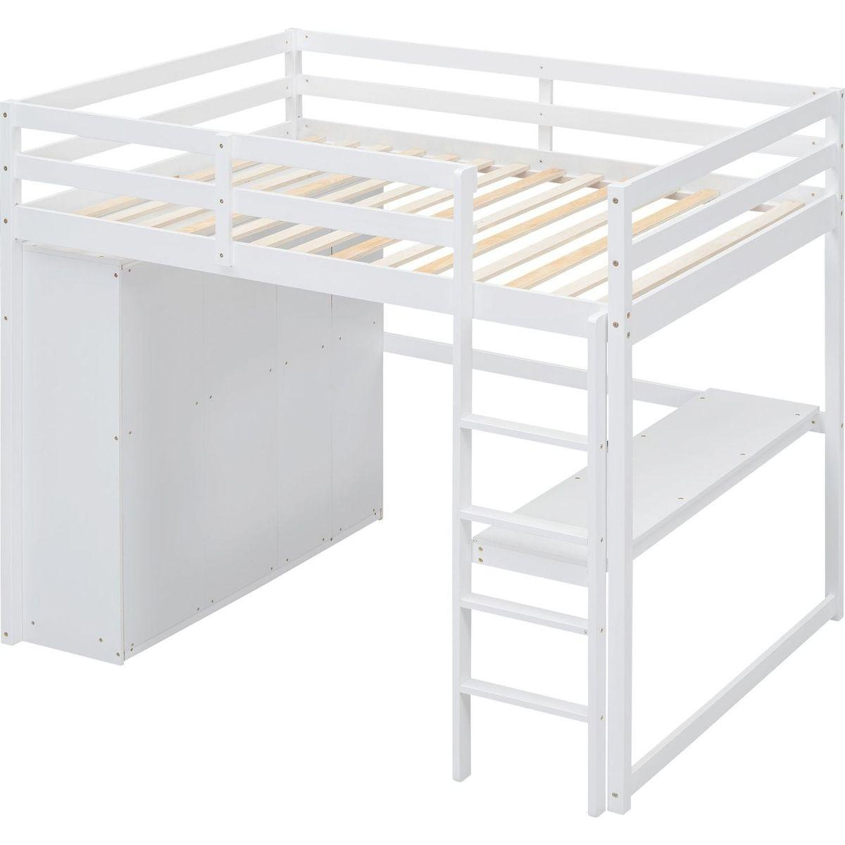 Wood Full Size Loft Bed with Built-in Wardrobe, Desk, Storage Shelves and Drawers, White