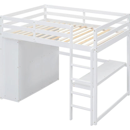 Wood Full Size Loft Bed with Built-in Wardrobe, Desk, Storage Shelves and Drawers, White