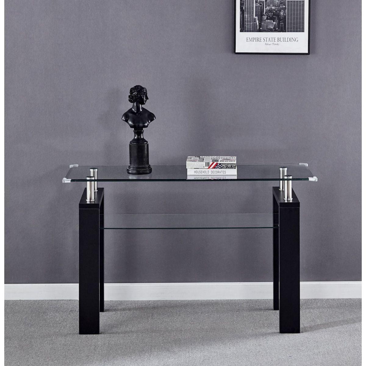 Black MDF Console Table, Tempered Glass Top, Modern Foyer Area Table