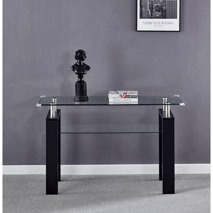 Black MDF Console Table, Tempered Glass Top, Modern Foyer Area Table