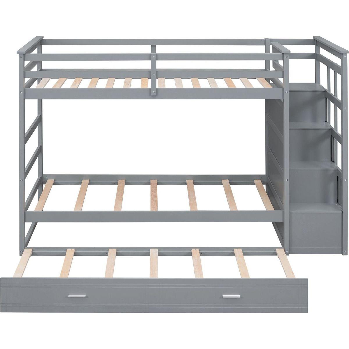 Twin Over Twin Bunk Bed with Trundle and Staircase,Gray
