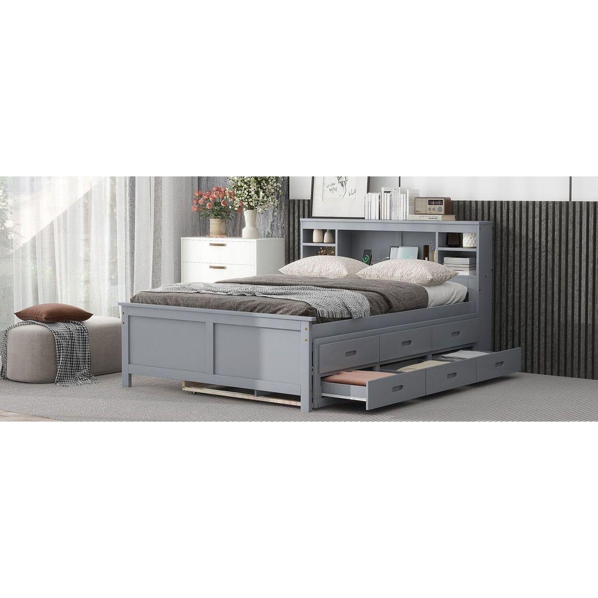 Full Size Platform Bed with Storage Headboard, USB, Twin Size Trundle and 3 Drawers, Gray