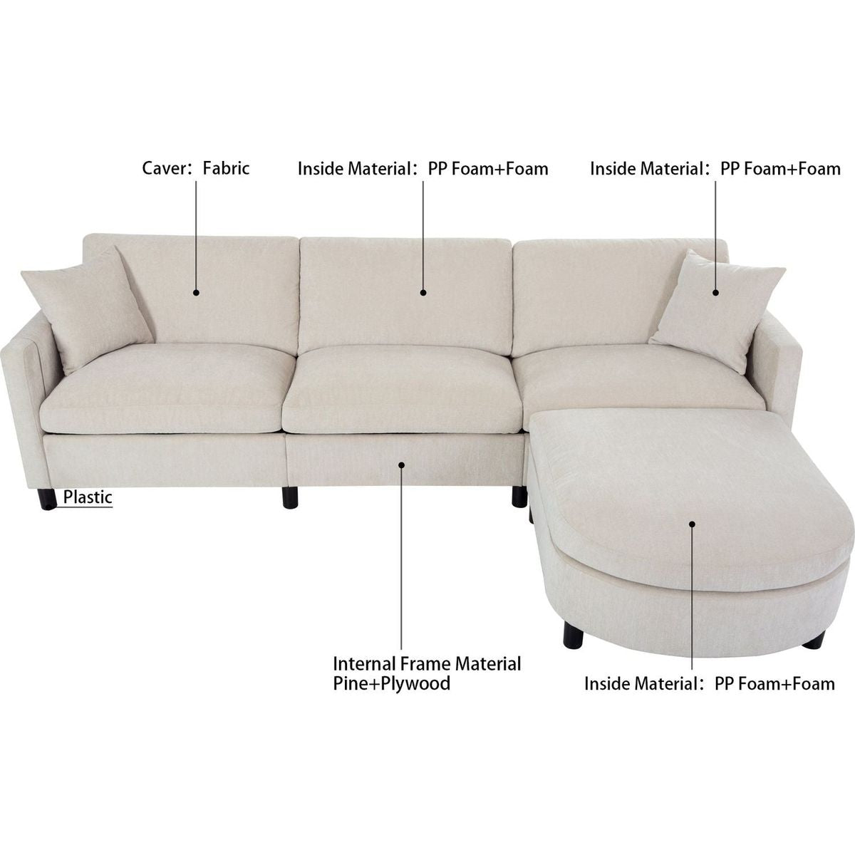 107.87'Sectional Sofa Couch With 1 Ottoman,Seat Cushion and Back Cushion Removable