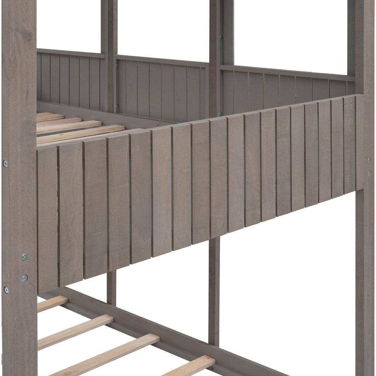 Full Over Full WoodBunk Bed with Roof, Window, Guardrail, Ladder(Antique Gray)