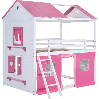 Full Size Bunk Wood House Bed with Elegant Windows, Sills and Tent, Pink+White