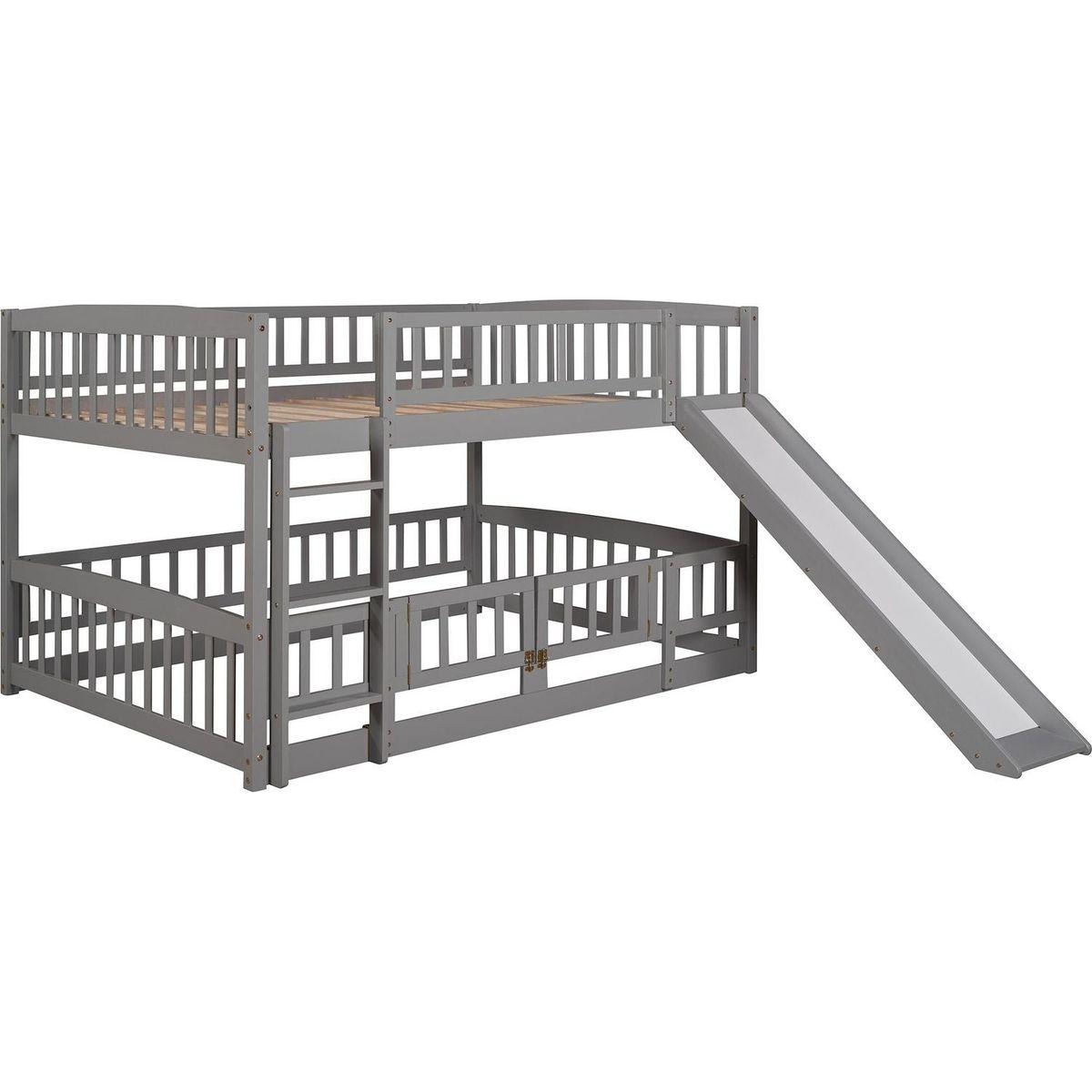 Bunk Bed with Slide,Full Over Full Low Bunk Bed with Fence and Ladder for Toddler Kids Teens Gray