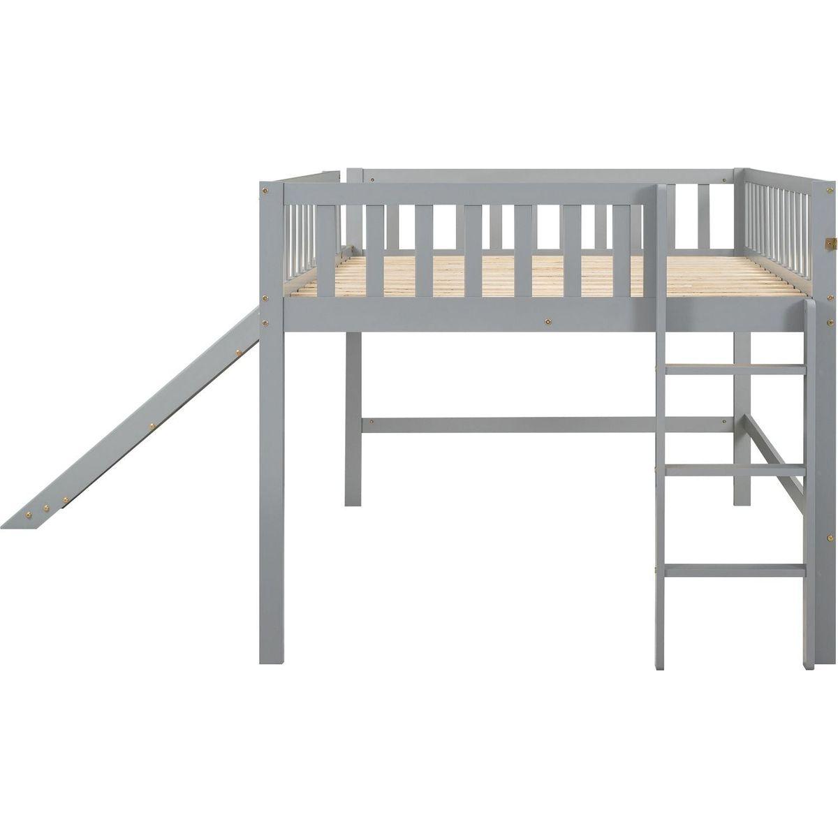 Full Size Low Loft Bed with Ladder and Slide,Gray