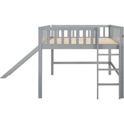 Full Size Low Loft Bed with Ladder and Slide,Gray