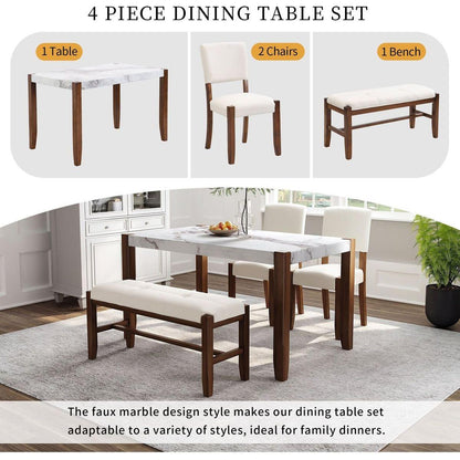 4-Piece Modern Dining Furniture Set, 4-Person Space-Saving Dinette for Kitchen, 46" Faux Marble Style Table and 2 Upholstered Chairs & Bench with Wood Legs