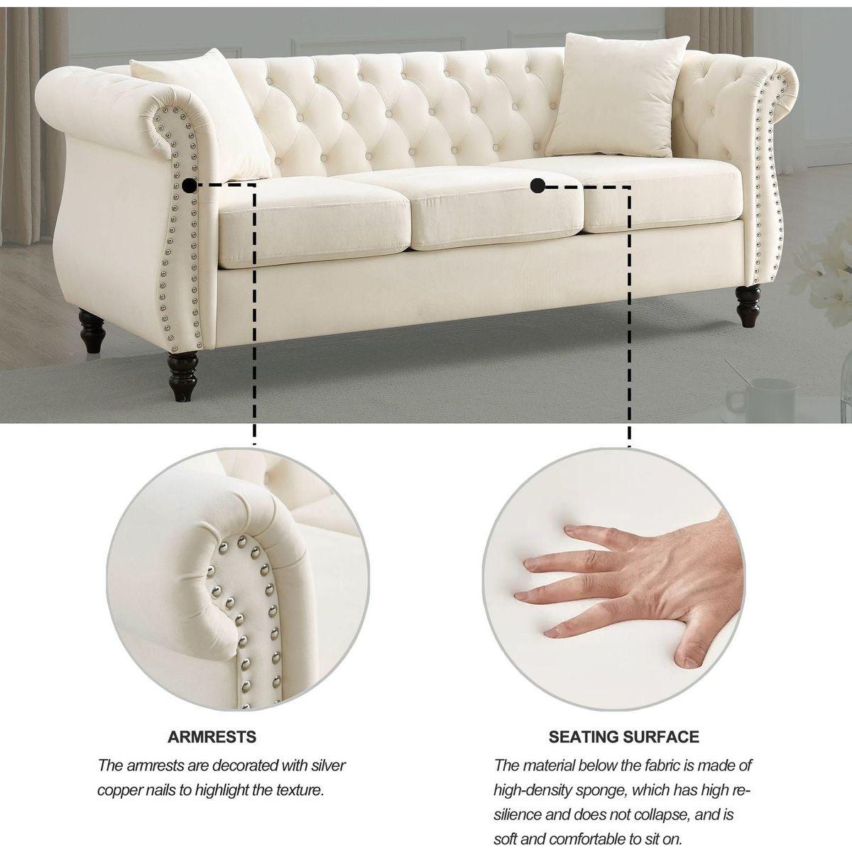 80" Chesterfield Sofa Beige Velvet for Living Room, 3 Seater Sofa Tufted Couch with Rolled Arms and Nailhead for Living Room, Bedroom, Office, Apartment, two pillows