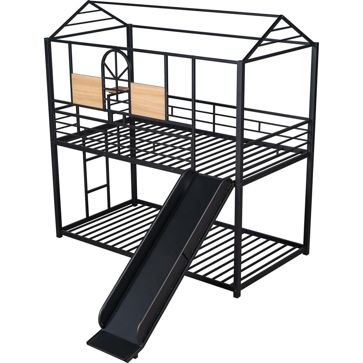 Twin Over Twin Metal Bunk Bed, Metal Housebed With Slide,Three Colors Available.(Black with Black Slide)