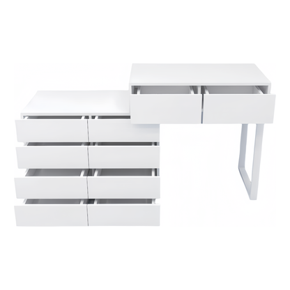 Extended Desktop 10 Drawers Chest of Drawer without Handle White Color Vanity