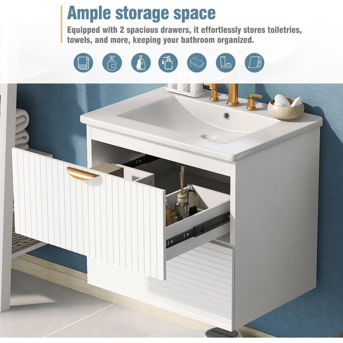 Modern 24-Inch Wall-Mounted Bathroom vanity with 2 Drawers, White - Ideal for Small Bathrooms