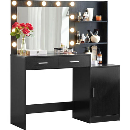 Vanity Desk with Mirror and Lights, 46.4IN Dressing Table with 2 Large Drawer&Large Vertical Organizer, 3 Level Dresser & 3 Lighting Modes Adjustable Brightness, Suitable for Bedroom(Black)