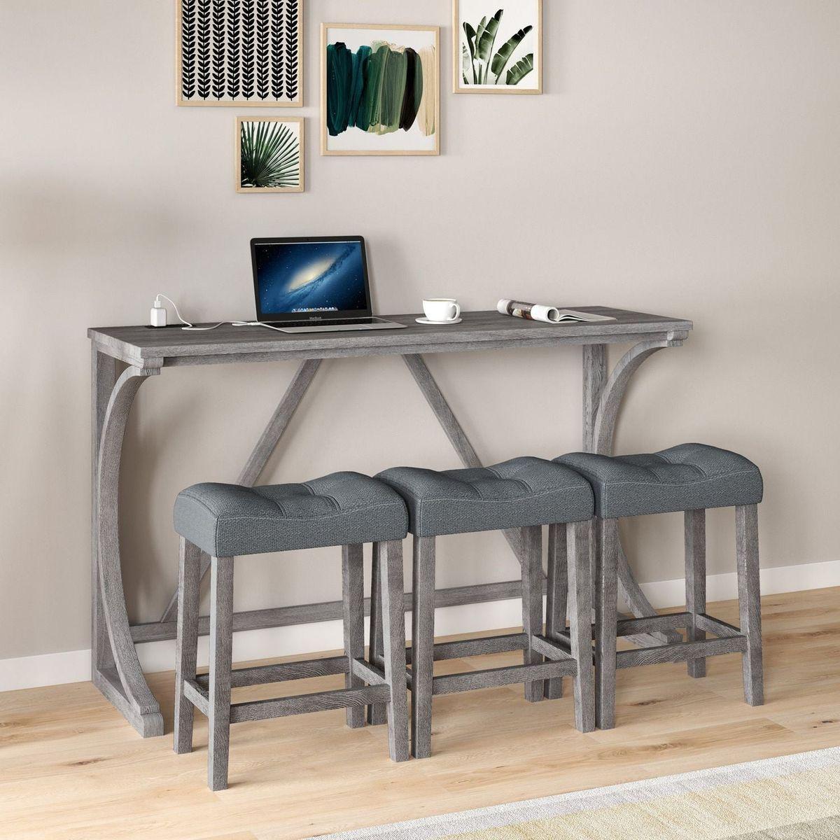 Bar Table Set with Power Outlet, Bar Table and Chairs Set, 4 Piece Dining Table Set, Industrial Breakfast Table Set, for Living Room, Dining Room, Game Room