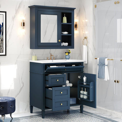 30" Bathroom Vanity with Top Sink, Modern Bathroom Storage Cabinet with 2 Drawers and a Tip-out Drawer, Freestanding Vanity Set with Mirror Cabinet, Single Sink Bathroom Vanity