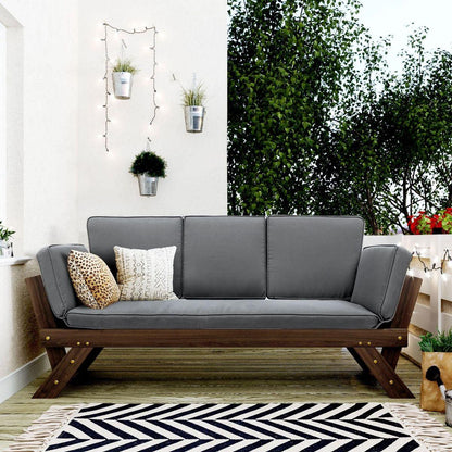 Outdoor Adjustable Patio Wooden Daybed Sofa Chaise Lounge with Cushions for Small Places, Brown Finish+Gray Cushion