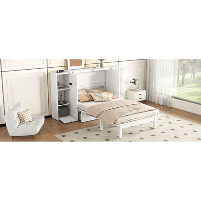 Queen Size Murphy Bed with Shelves, Drawers and USB Ports,White