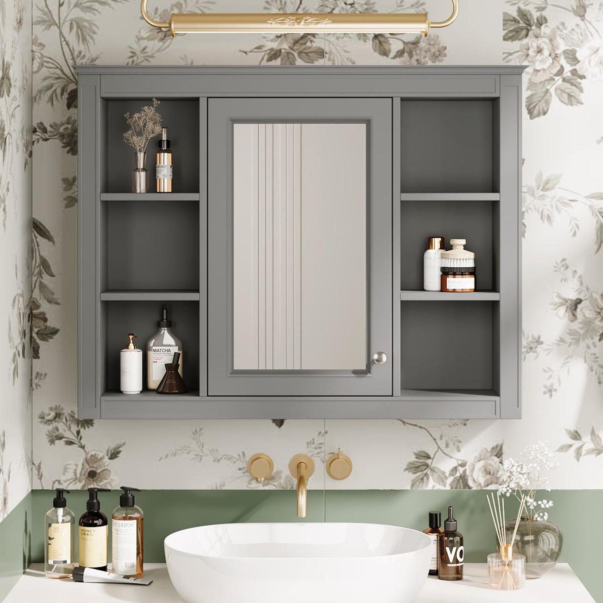 35" x 27.5" Medicine Cabinet, Wall Mounted Bathroom Storage Cabinet, Modern Bathroom Wall Cabinet with Mirror, Mirror Cabinet with 6 Open Shelves (Not Include Bathroom Vanity)