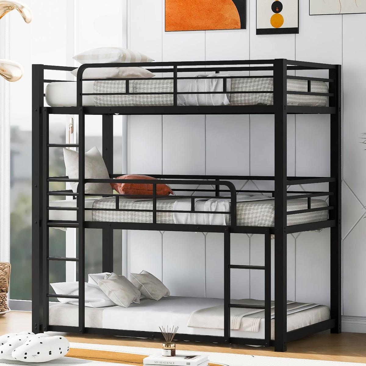 Metal Twin Size Triple Bunk Bed, Black - Streamdale Furniture