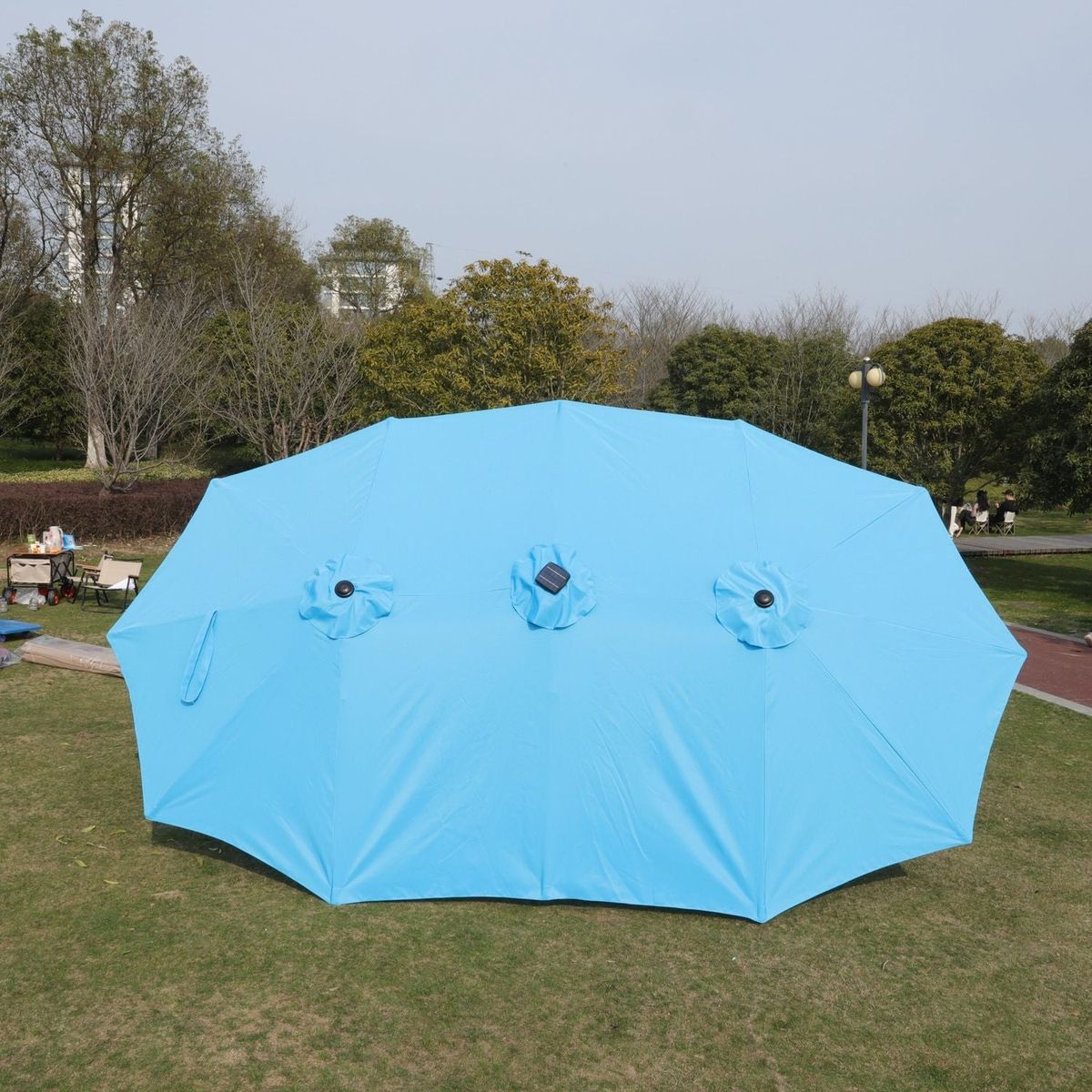 15x9ft Large Double-Sided Rectangular Outdoor Twin Patio Market Umbrella with light and base- blue