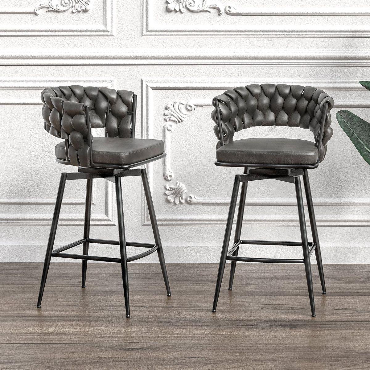 Technical Leather Woven Bar Stool Set of 2,Black legs Barstools No Adjustable Kitchen Island Chairs,360 Swivel Bar Stools Upholstered Counter Stool Arm Chairs with Back Footrest, (Tan)