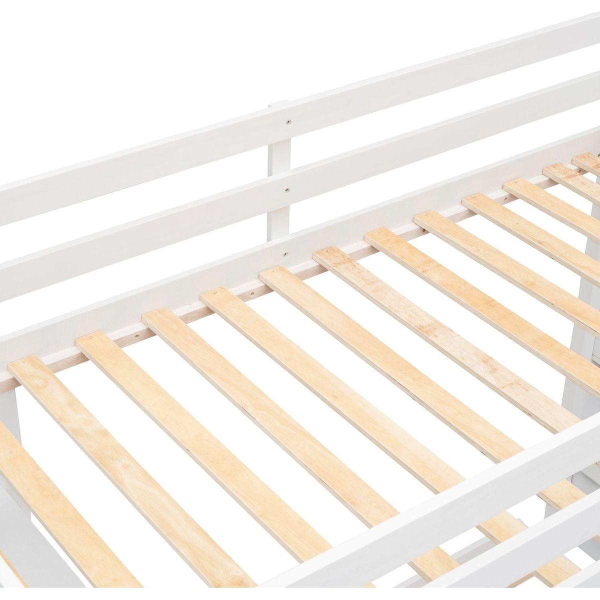 Twin Over Full Bunk Bed with 3-layer Shelves, Drawers and Storage Stairs, White
