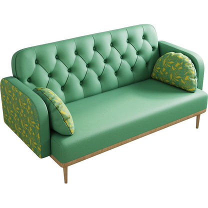 green Loveseat sofa with tulip pattern Modern Upholstered Two Seater PU Sofa with 2 dumpling-shaped throw pillows with tulip patterns
