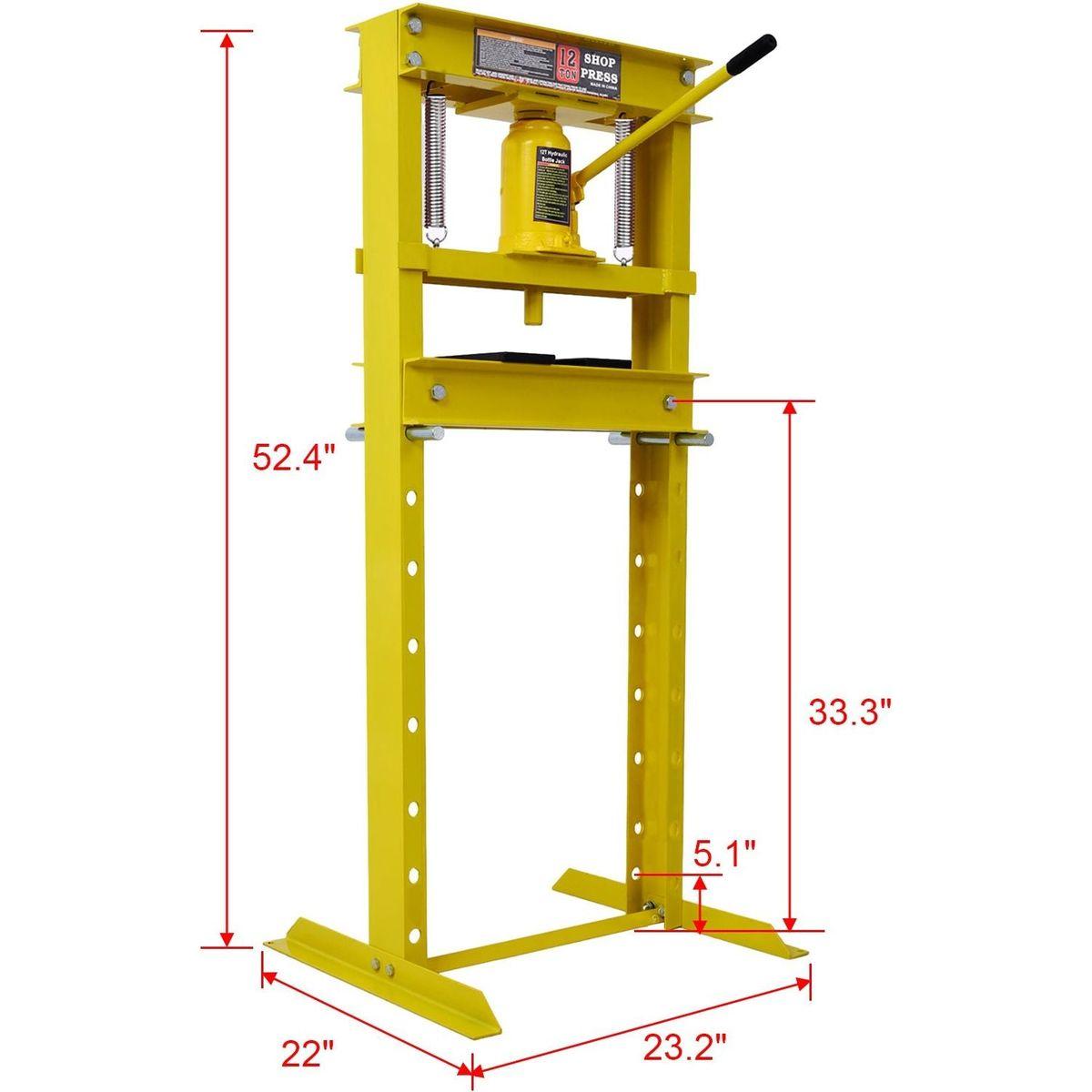 Hydraulic Shop Press, 12-Ton Capacity, Floor Mount, with Press Plates, H-Frame Garage Floor Press, Adjustable Working Table Height,, yellow