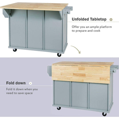 Kitchen Cart with Rubber wood Drop-Leaf Countertop, Cabinet door internal storage racks,Kitchen Island on 5 Wheels with Storage Cabinet and 3 Drawers for Dining Room, Grey Blue
